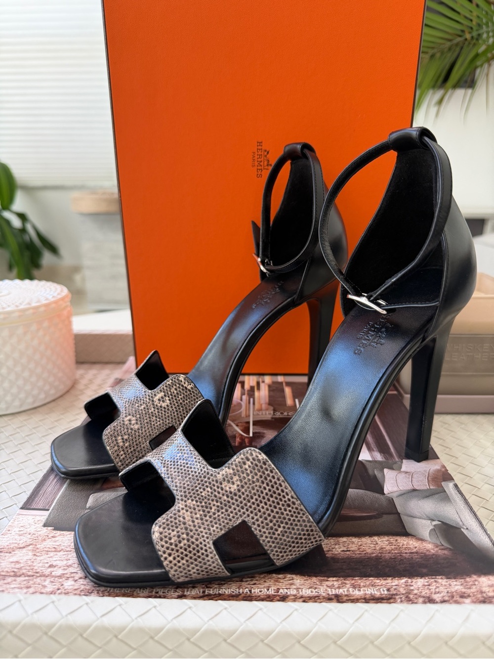 Hermes Joy 105 Ombré Noir Black Natura Lizard Calfskin Leather Ankle Strap Heels